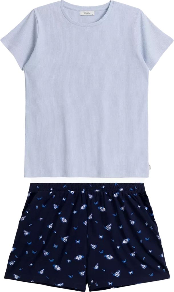 Atlantic Damen Pyjama Baumwolle + Viskose | Ripp-Shirt + Shorts mit Schmetterlings-Print | Kurzarm | Homewear | NLP-490