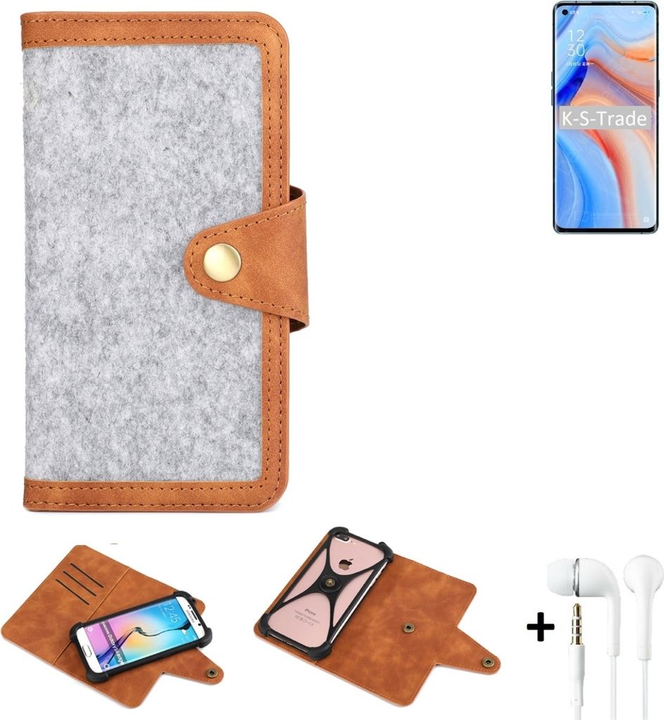 K-S-Trade Handyhülle + Kopfhörer kompatibel mit Oppo K7x Schutzhülle Filz Hülle Kunstleder hellgrau braun (1x)