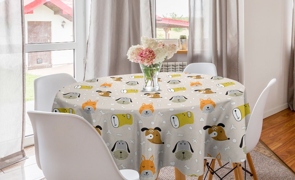 ABAKUHAUS Kindergarten Runde Tischdecke, Cartoon-Hund Gesichter, Kreis Tischdecke Abdeckung für Esszimmer Küche Dekoration, 150 cm, Mehrfarbig