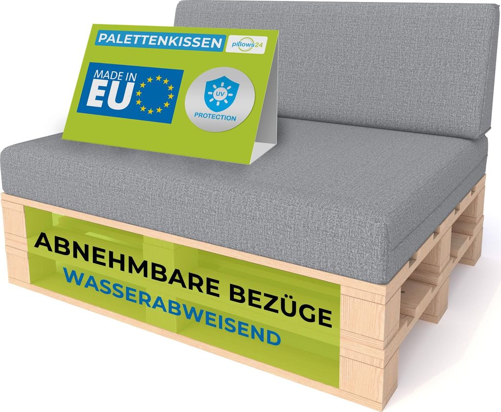 Pillows24 - Palettenkissen mit abnehmbarem Bezug - 2ER SET | Polster für Europaletten 120x80 Sofa - Wasserfest - Outdoor/Indoor | Grau