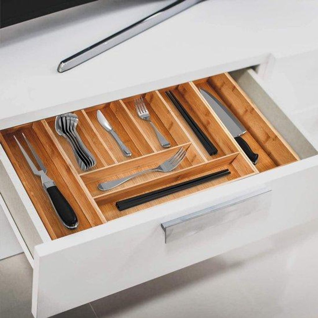 Bamboo-Organizer - Ausklappbar mit 8 Fächern - Anpassbar in der Größe - für Besteck und Küchengeschirr
