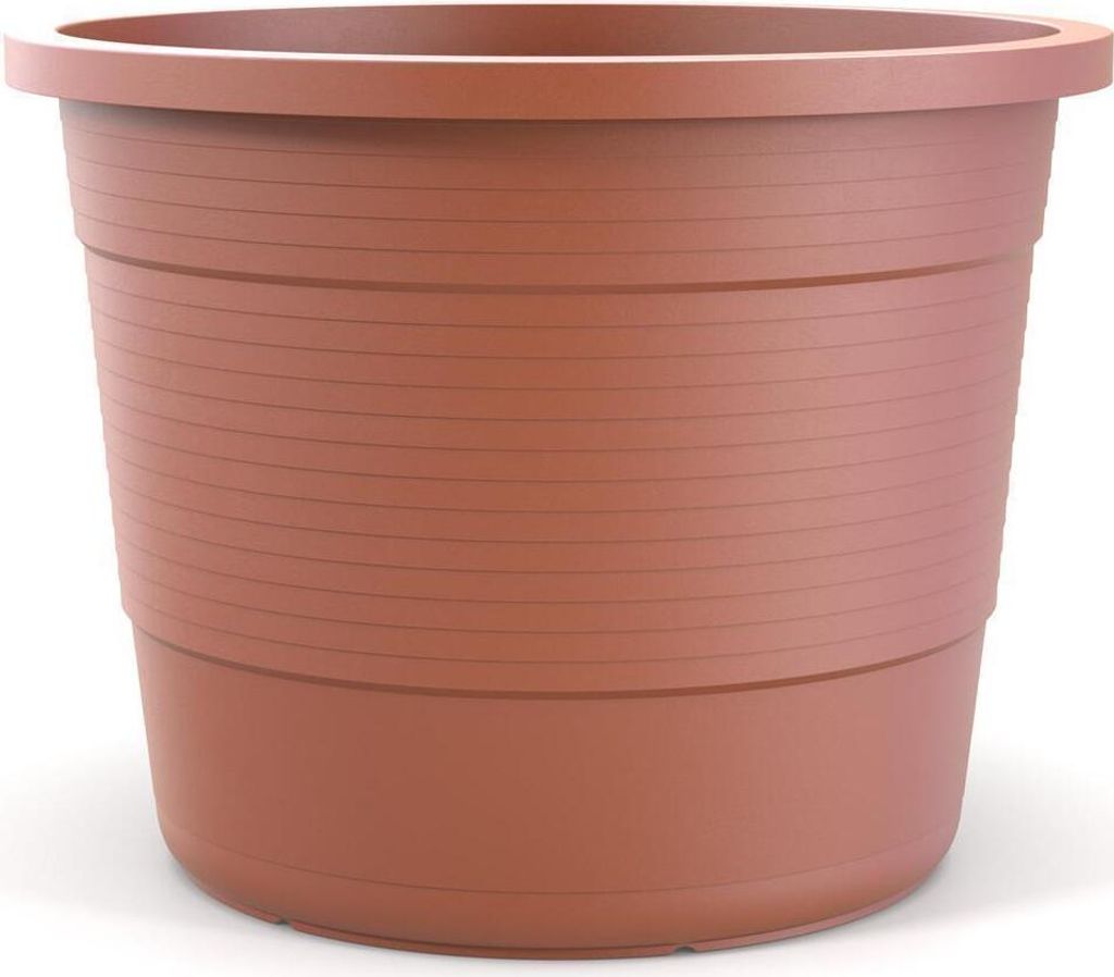 A terracotta-colored plastic planter pot with horizontal ridges.