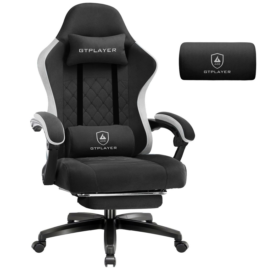 A gaming chair with two lumbar support pillows, shown against a white background.