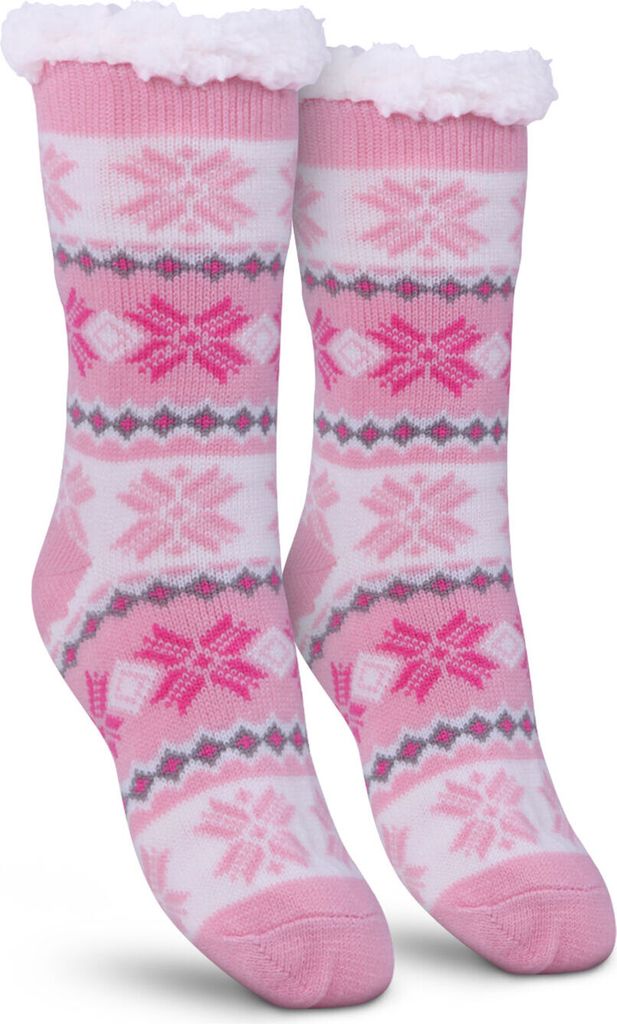 Stoppersocken (Pink / 1 Paar) Damen mit Teddyfutter Haussocken - Hüttensocken mit Anti-Rutsch-Sohle - ABS Norweger Socken Zopfmuster - Kuschelsock...