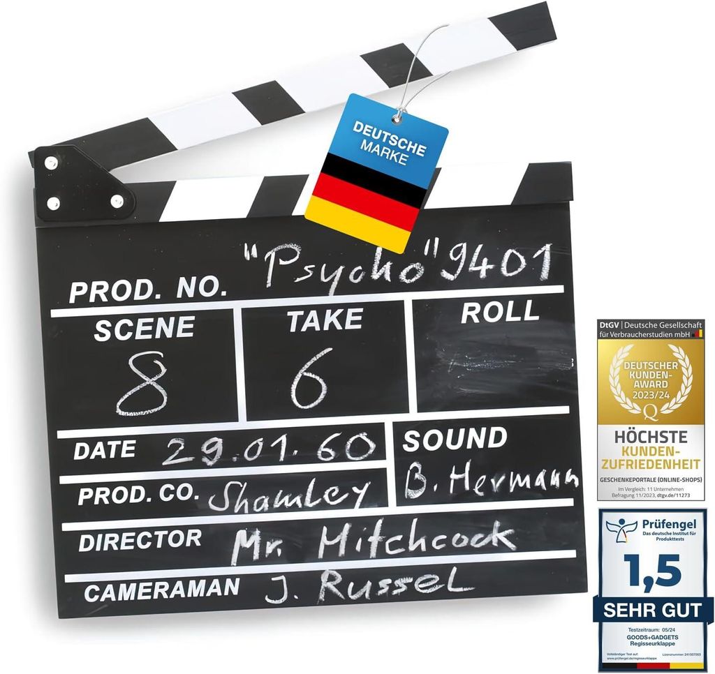 Filmklappe Regisseurklappe XXL Schwarz – Original Hollywood Deko Regie Film Klappe Beschriftbare Kreidetafel Requisite für Heimkino & Video