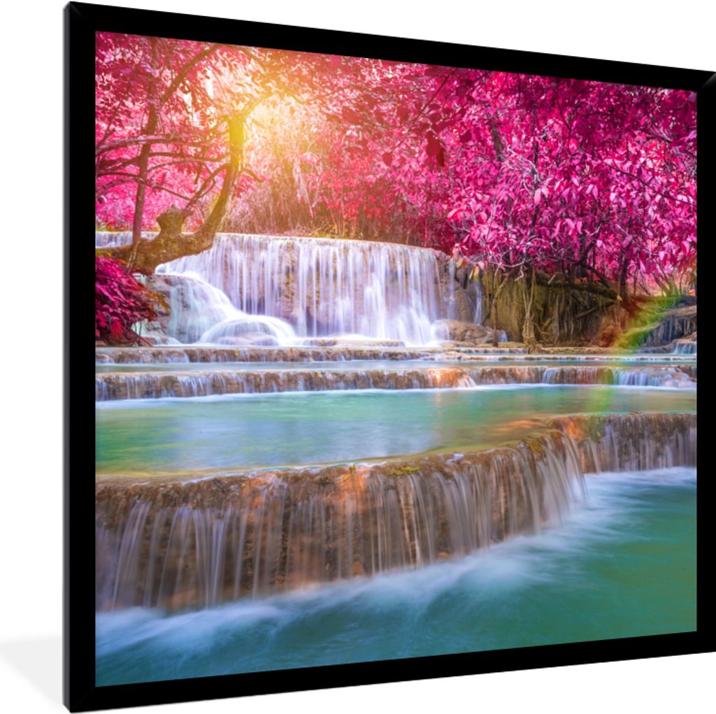 MuchoWow Gerahmtes Poster Wasserfall - Regenbogen - Bäume - Rosa - Natur 40x40 cm - Poster mit Schwarzem Bilderrahmen Wandposter Rahmen Foto Bil...