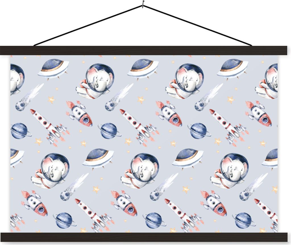 MuchoWow Textilposter Muster - Elefant - Rakete - Jungen - Mädchen - Kinder - Mädchen 150x100 cm mit schwarzem Rahmen - Schlafzimmer