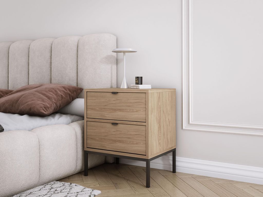 AURA Nachttisch mit zwei Schubladen und Rahmen, goldener HEXA-Griff, Farbe ROCKFORD DARK WALNUT, 50 x 40 x 58 cm