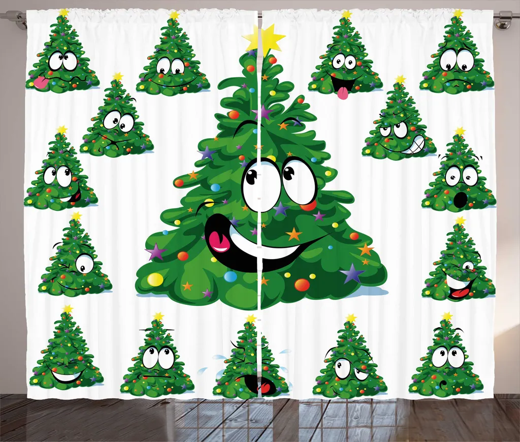 ABAKUHAUS Natale Tenda rustica, Natale Cartoon divertente, Soggiorno Tenda universale con passanti e ganci, 280 x 245 cm, Verde Bianco Giallo