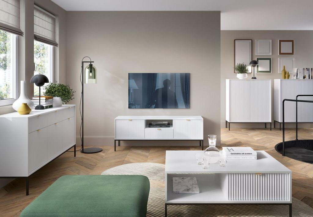 Wohnzimmer Set 5-teilig – TV Lowboard – Couchtisch – Hochkommode – Breite Kommode – Sideboard / NOVA – Weiß – Modernes Rillen-Design...