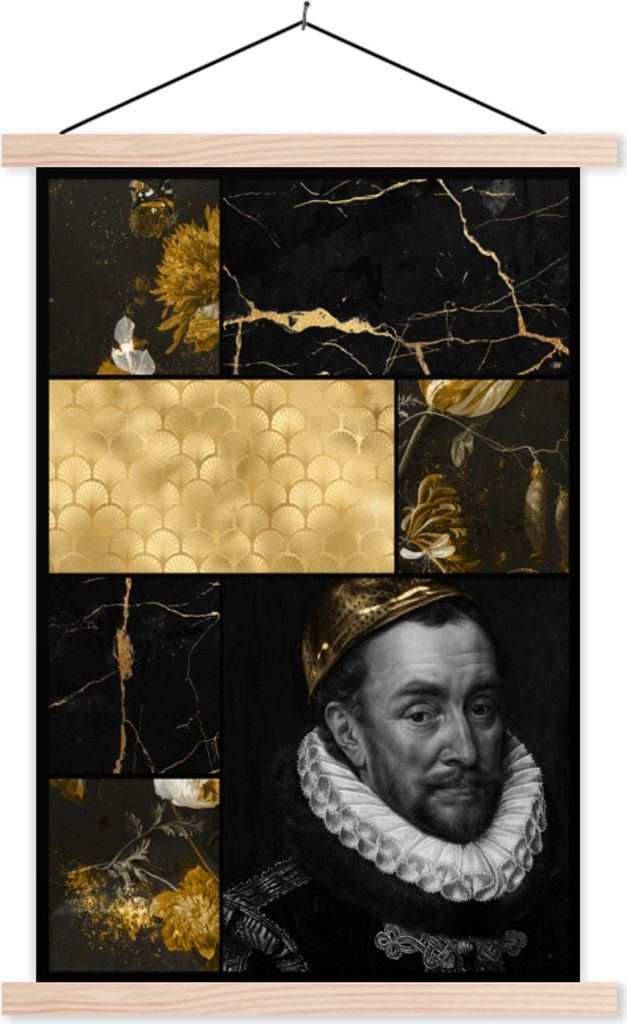 MuchoWow Textilposter Collage - Blattgold - Marmor - Kunst 60x90 cm mit holzfarbenen Rahmen - Textil