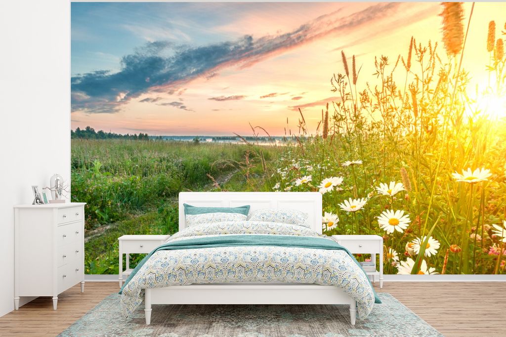 MuchoWow Fototapete für Wohnzimmer oder Schlafzimmer Wandtapete Vinyl Motivtapete Blumen - Gänseblümchen - Natur - Sonne - Horizont - 375x280 ...
