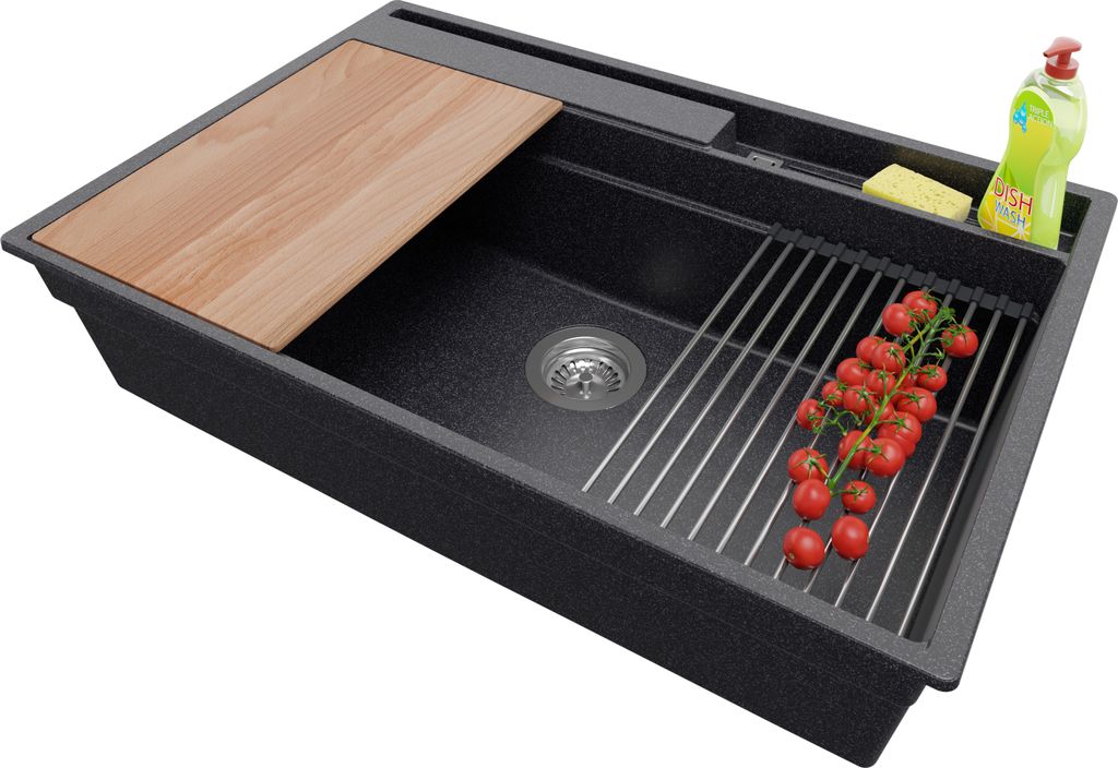 PRIMAGRAN Spülbecken Anthrazit 78x53cm, Granitspüle 1 Becken + Ablauf-Set + Küchenzubehörset, Küchenspüle ab 80er Unterschrank - Oslo Pocket