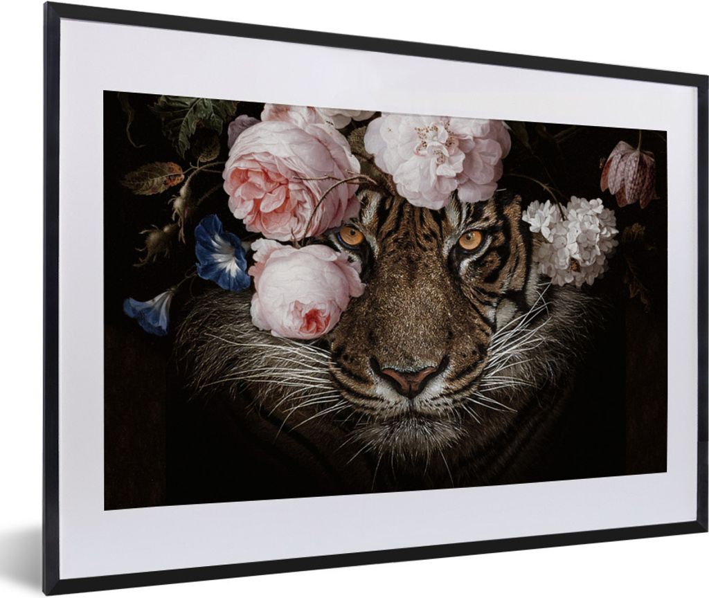 MuchoWow Gerahmtes Poster Tiger - Blumen - Porträt 60x40 cm - Poster mit Schwarzem Bilderrahmen Wandposter Rahmen Foto Bilder - Schlafzimmer - P...