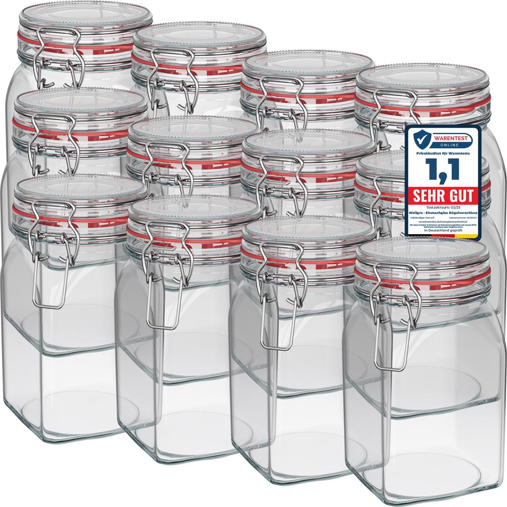 WELLGRO Einmachgläser mit Bügelverschluss eckig 1150ml - Produktbild 