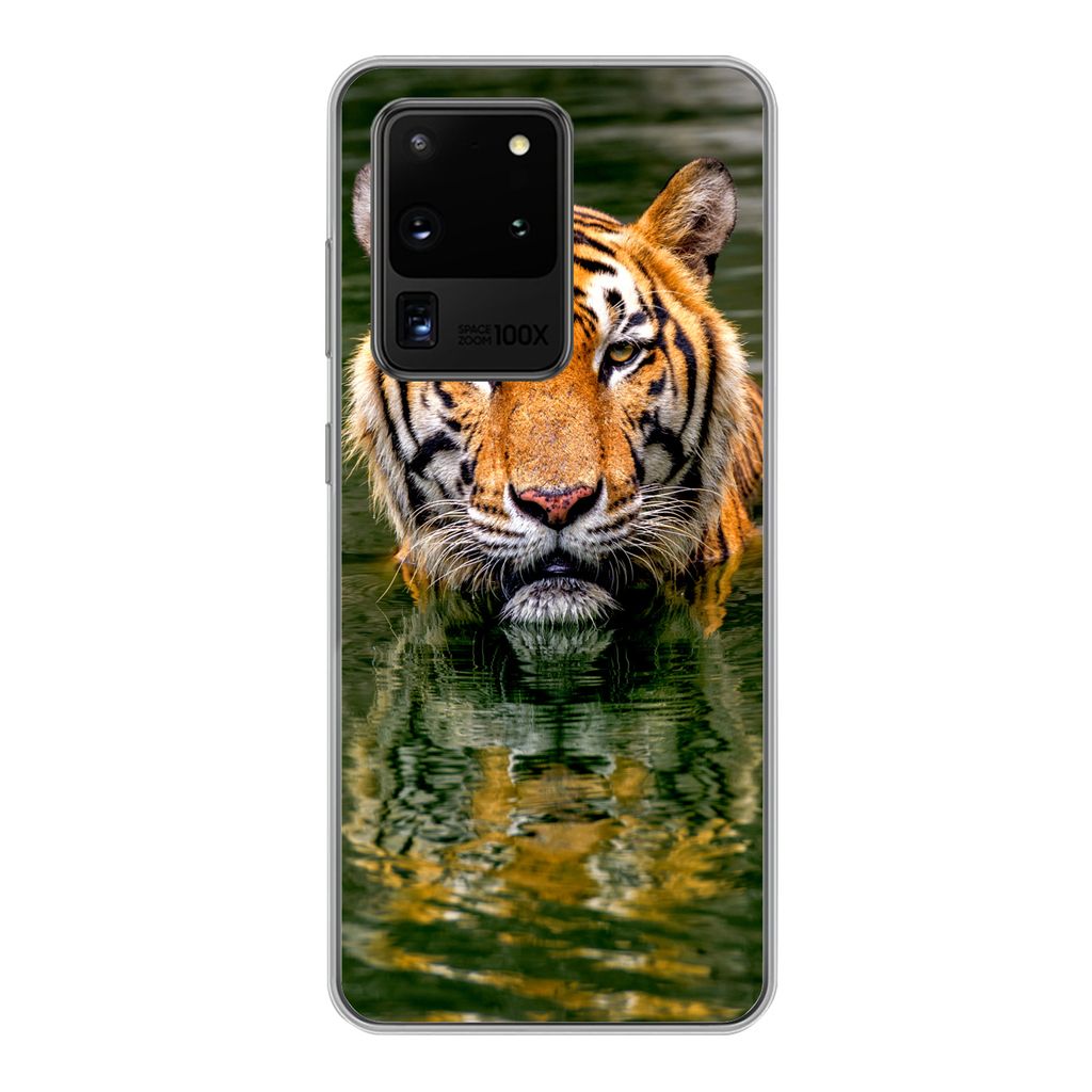 MuchoWow Handyhülle Schutzhülle Hülle für Samsung Galaxy S20 Ultra Tiger - Wasser - Spiegelung Silikon Softcase Handy Hülle - Karteninhaber