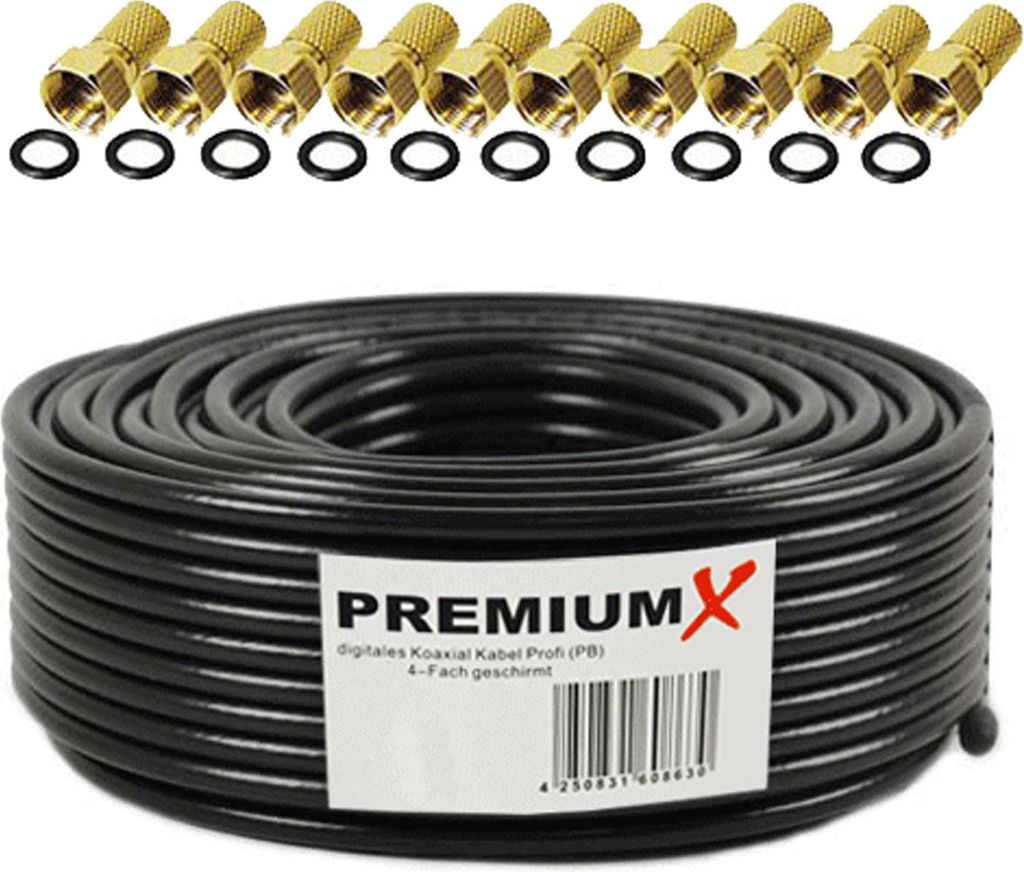 PremiumX 25m PROFI Koaxialkabel Schwarz 135dB 4-fach KUPFER 10x F-Stecker