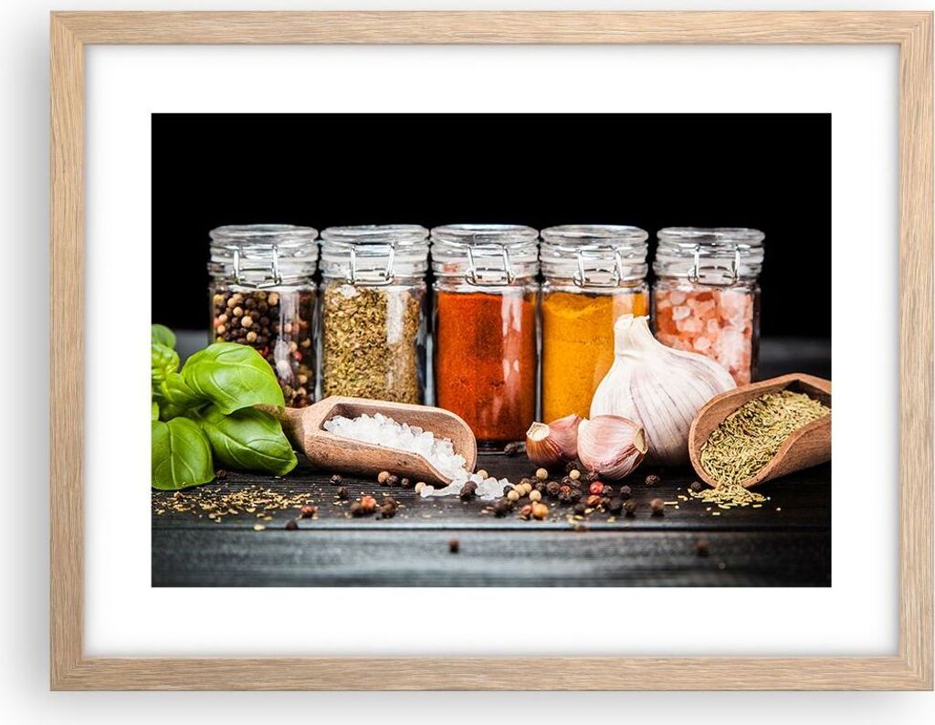 Gerahmtes Poster - Rahmen in heller Eiche - Gewürze Knoblauch Holz Salz - 40x30 cm - Wand Bild - Wanddeko - Wandbilder - Wandposter - Bilderrahmen...