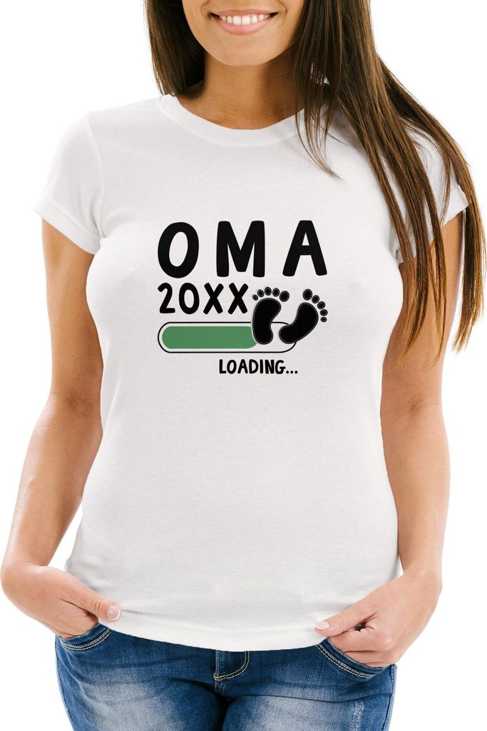 Damen T-Shirt Mama Oma Tante Patentente 2023 loading Geschenk für werdende Oma Schwangerschaft Geburt Baby Slim Fit Moonworks weiß-schwarz L