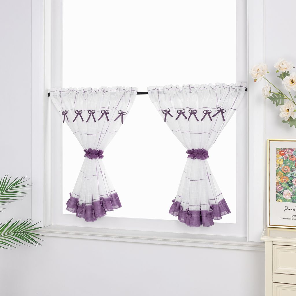 Delien Scheibengardine Bistrogardine Kurztore Landhausstil Küche Gardine Leinen Halbtransparent BxH 140x80 cm Lila 1 Stück