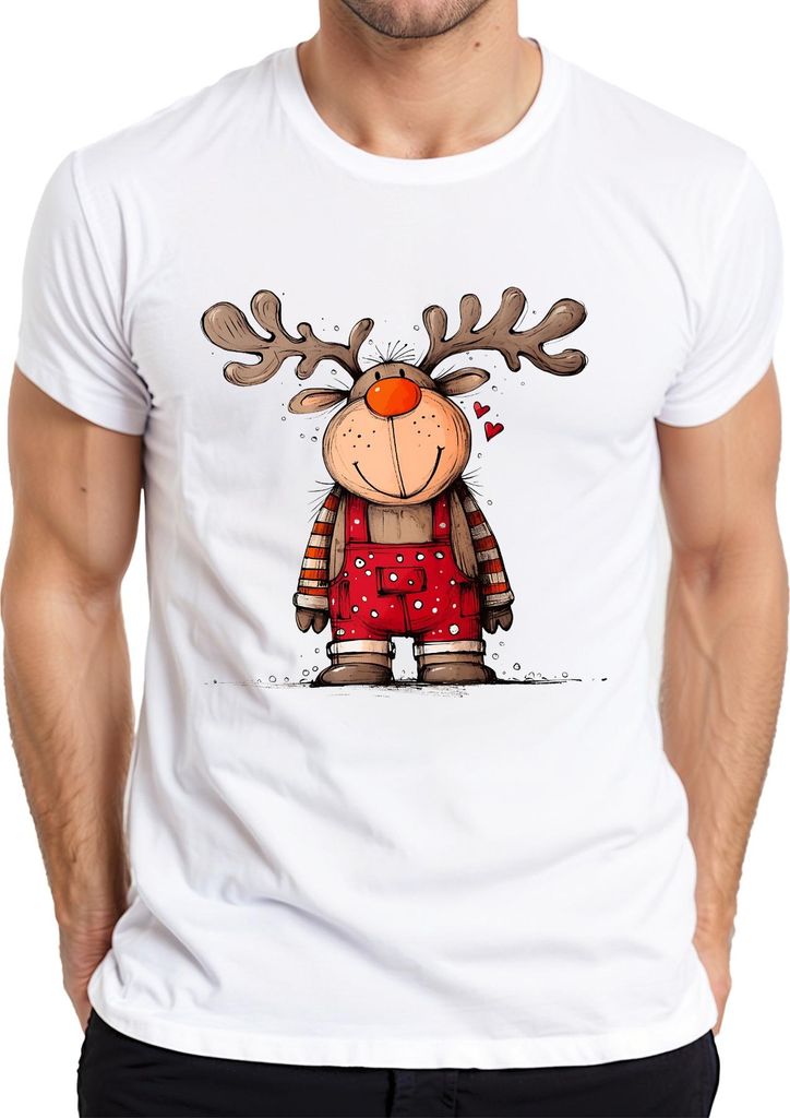 Niedliches Rentier Weihnachten Rot Latzhose Herzen Kinder Retro Herren T-Shirt, Weiß, XL