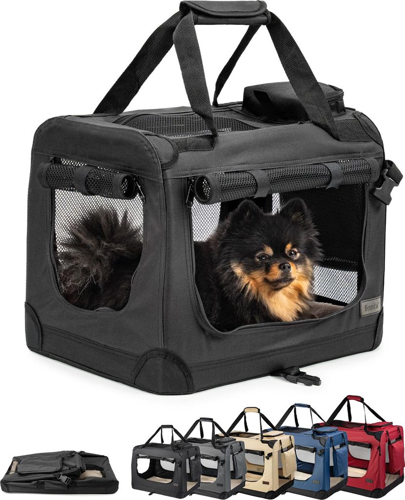 lionto Hundetransportbox faltbar, stabile Stoffbox mit Mesh-Einsätzen, ideal für Auto, Reise & Tierarzt, 50x34x36 cm, schwarz