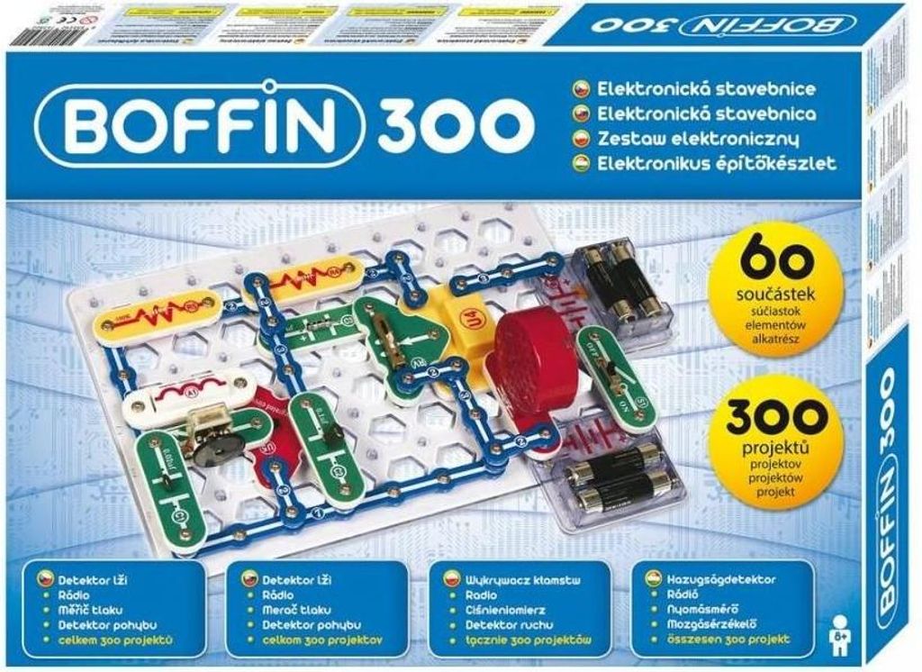 The image shows the packaging of a Boffin 300 electronic construction kit, with the product itself partially visible.