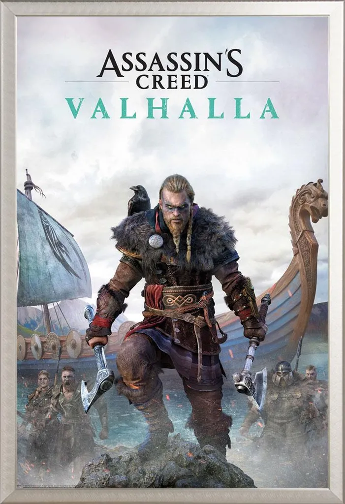 Assassins Creed - Poster - Valhalla - Edizione standard + cornice rimovibile, Shinsuke® Maxi alluminio argento, vetro acrilico