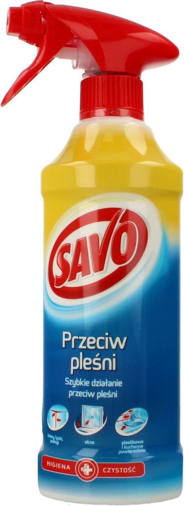 A bottle of cleaning spray with a red trigger spray top and a yellow and blue label.