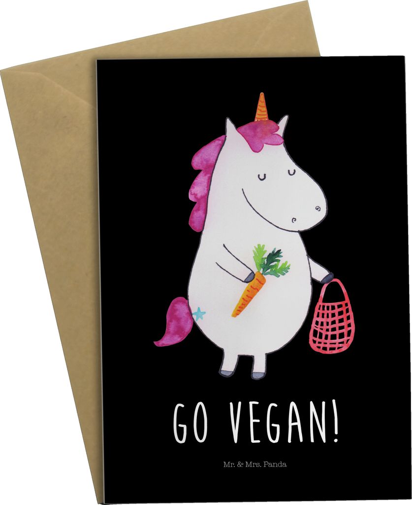 Mr. & Mrs. Panda Klappkarte Einhorn Vegan - Schwarz - Geschenk, Grußkarten, osterkarte, Unicorn, Gesund essen, Glückwunschkarte, Veganer, Veganis...