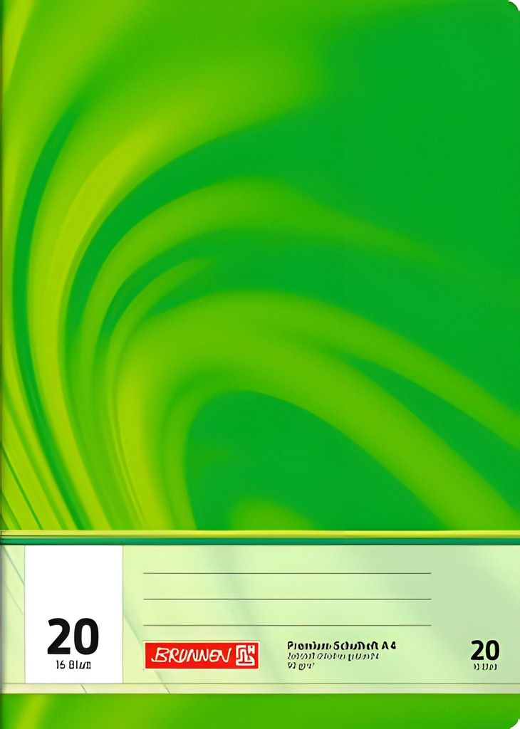A close-up of a green notebook cover with a swirling design and product information at the bottom.