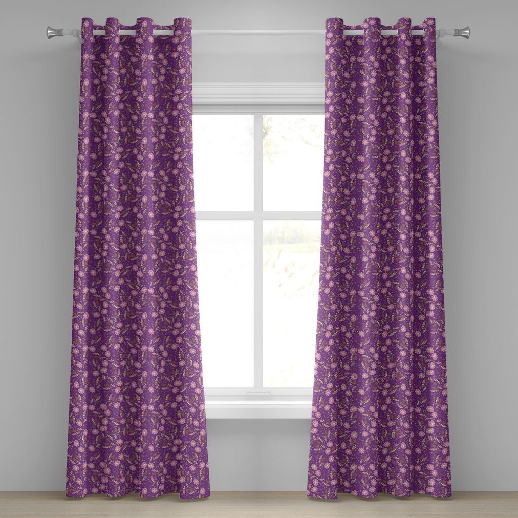 ABAKUHAUS Blumen Ösenvorhang, Blühende Natur mit blühenden Blumenblättern und Blättern Romantisches Design, Dekorative 2-Panel-Fenstervorhäng...