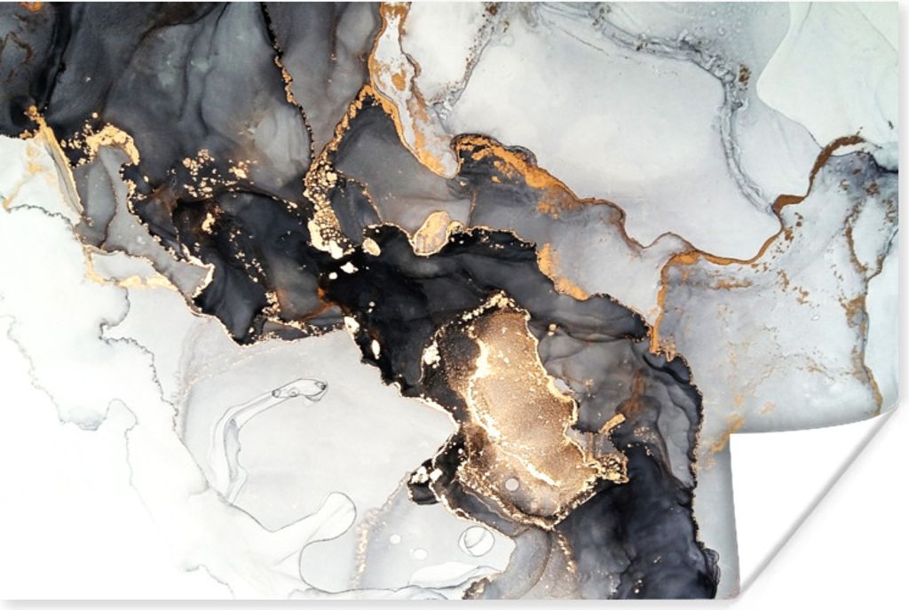 MuchoWow Poster Marmor - Schwarz - Weiß - Gold - Luxus - Abstrakt 90x60 cm - Schlafzimmer