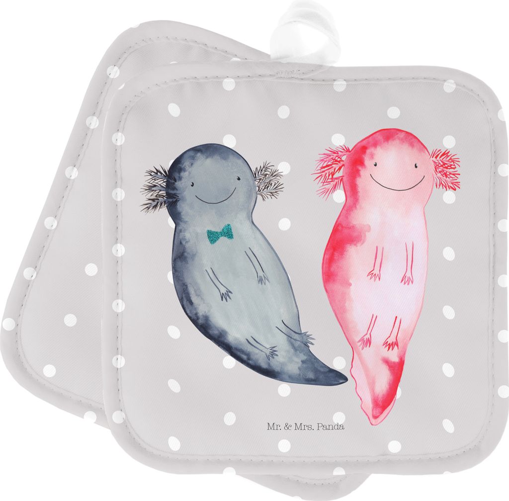 Mr. & Mrs. Panda Topflappen Axolotl Freundin - Grau Pastell - Geschenk, topfhalter, 2er Set, Schwanzlurch, Topfuntersetzer, Kochlappen, Liebe, Vale...