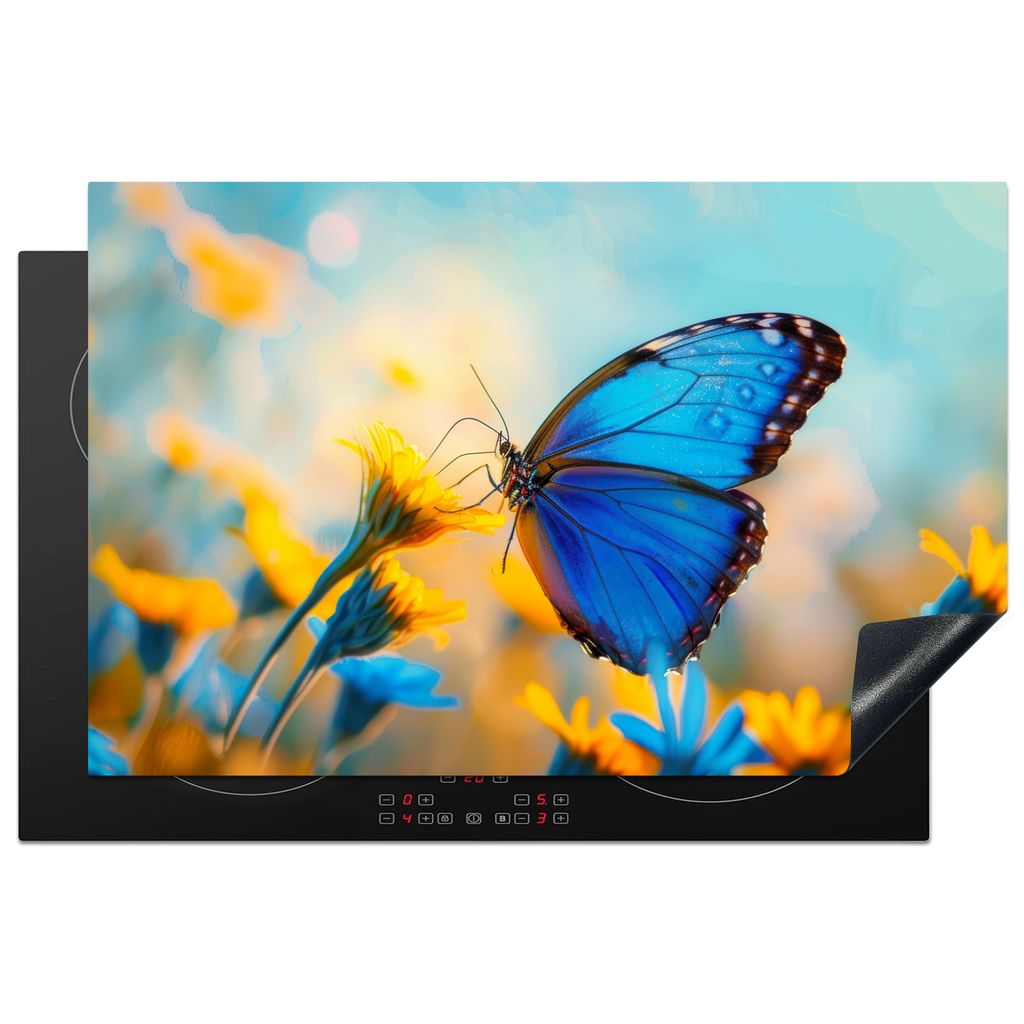 KitchenYeah Herdabdeckplatte Schmetterling - Blumen - Blau - Gelb - Natur , 81x52cm, Küche Deko, Glaskeramikkochfeld Herdabdeckung, Abdeckplatte...