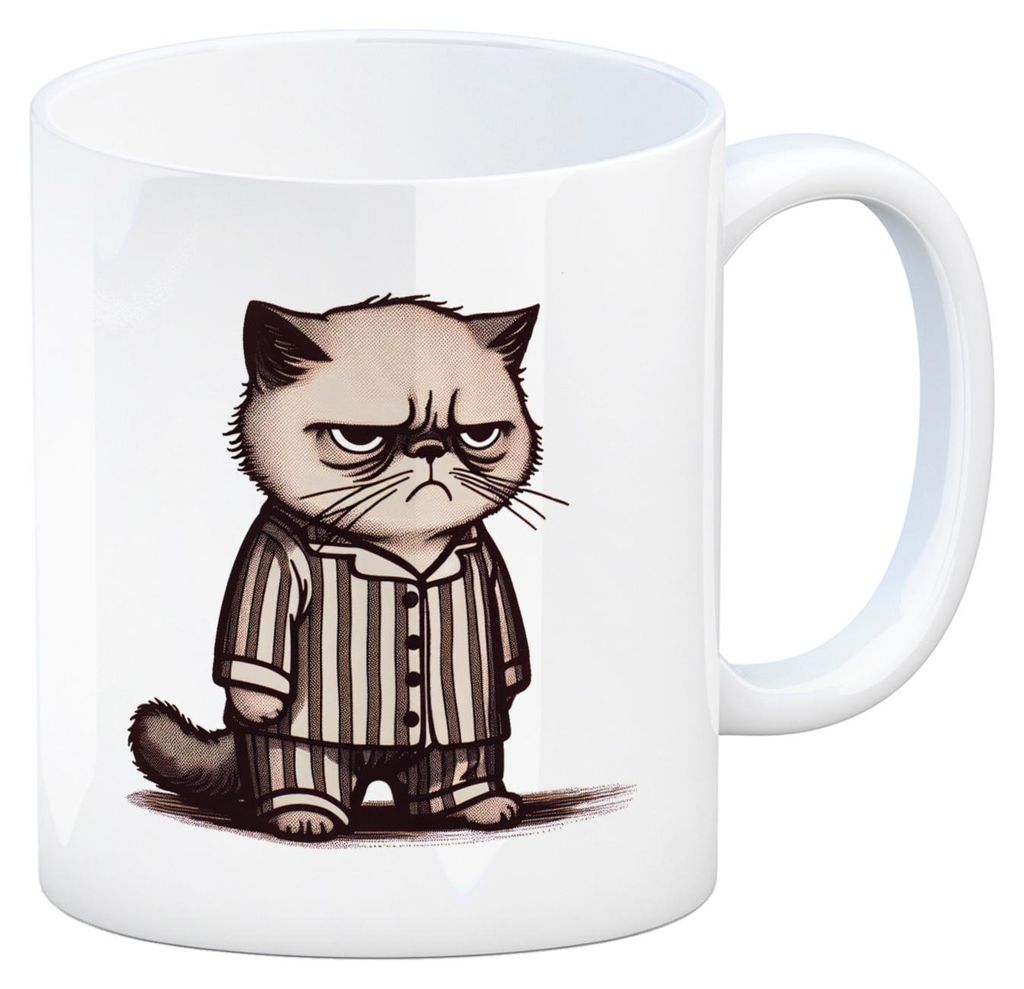 Grimmige Katze im Schlafanzug Kaffeebecher Produktbild 