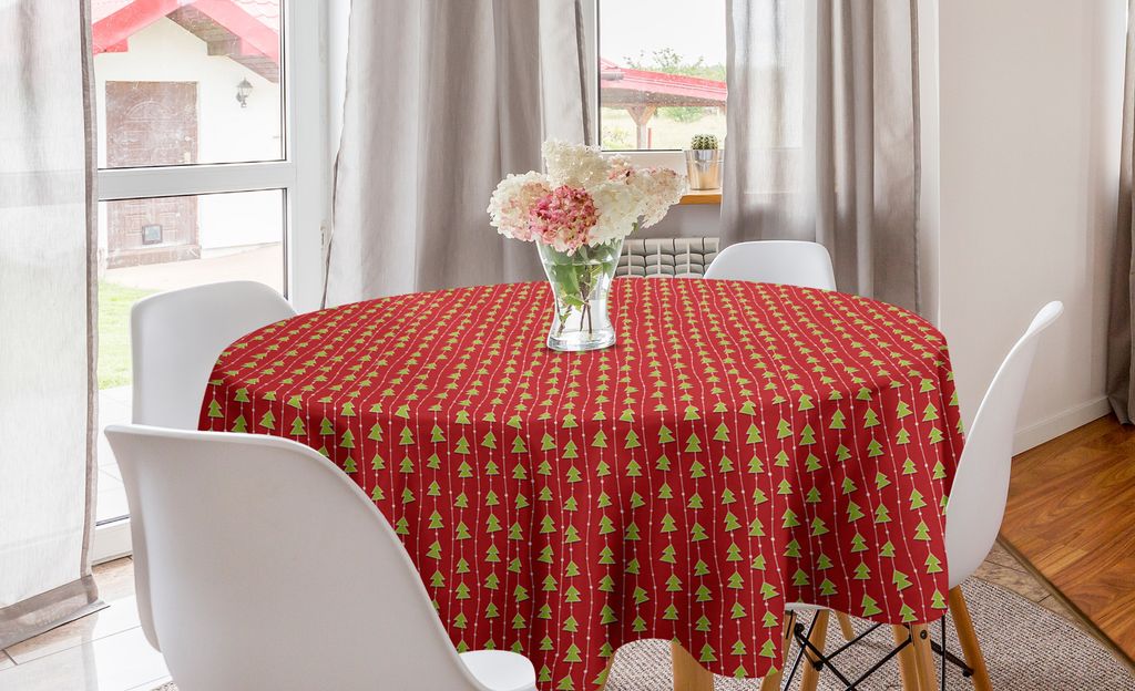 ABAKUHAUS Weihnachten Runde Tischdecke, Green Tree auf Streifen, Kreis Tischdecke Abdeckung für Esszimmer Küche Dekoration, 150 cm, Rot, Grün, W...