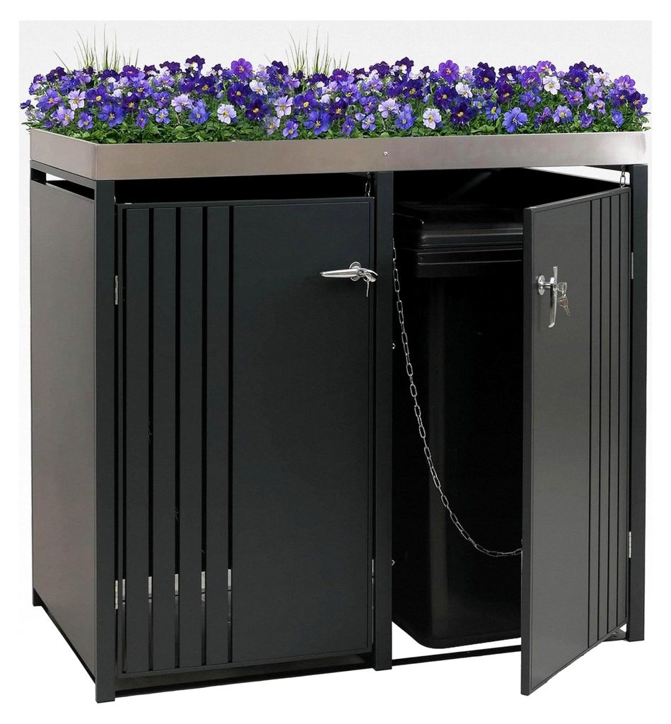 Mülltonnenverkleidung für 2 Tonnen, Mülltonnenbox mit Pflanzkasten, Metall 125x132x84cm 55kg - anthrazit