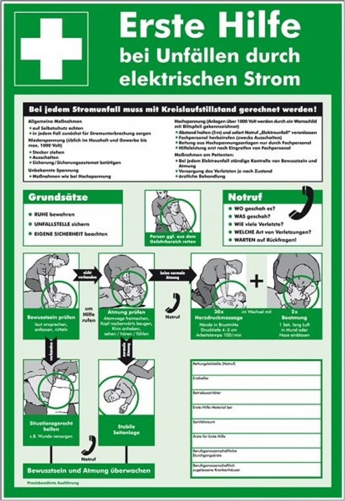 Dreifke Schild I Aushang Erste Hilfe bei Unfällen durch elektrischen Strom, ...