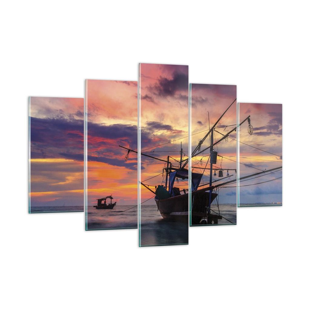 Bilder auf glas - 5 Teile - Asien Boot Kutter - 150x100cm - Glasbilder - Wandbilder - Bilder - zum Aufhängen bereit - Wanddekoration aus Glas - Gl...