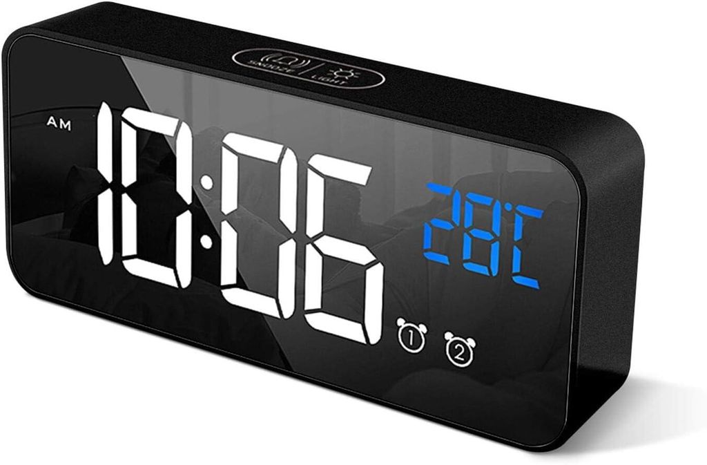Digitaler Wecker mit großer LED-Temperaturanzeige, tragbarer Spiegelalarm mit Doppelalarm, Zeit-Dimmer, Helligkeitsdimmer in 4 Stufen verstellbar ...