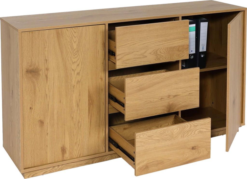 Sideboard HWC-J78, Kommode Schrank Highboard Schublade, MDF Soft-Close 86x160x40cm Eiche-Optik