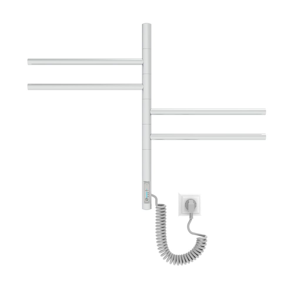 A white electric towel rack with four folding arms, a control panel, and a coiled power cord plugged into a wall socket.