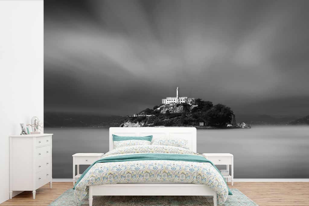 MuchoWow Fototapete für Wohnzimmer oder Schlafzimmer Wandtapete Vinyl Motivtapete Schwarz-Weiß-Bild des alten Gefängnisses Alcatraz in den USA...