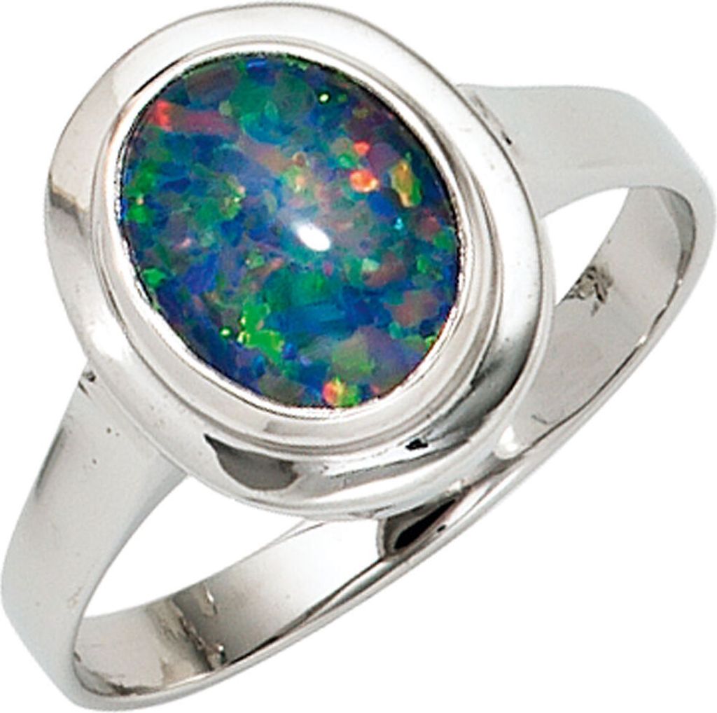 Ring Damenring mit Opal Opaltriplette oval blau-grün 585 Gold Weißgold Innenumfang 54mm Ø17.2mm