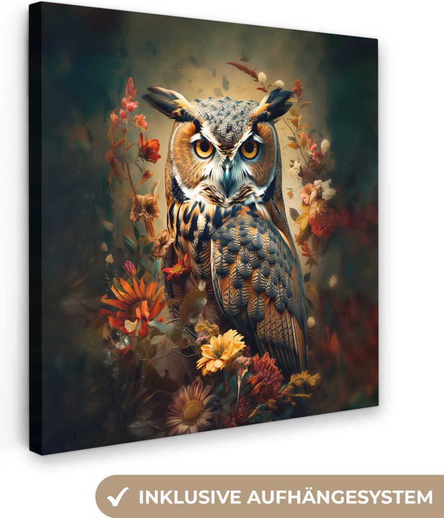 MuchoWow - Leinwandbilder - Eule - Vogel - Blumen - Botanisch, Wandbild, Wanddeko Bilder Wohnzimmer, 90x90 cm