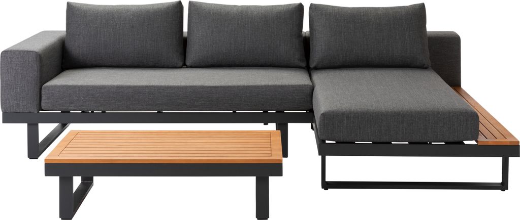 Dehner Garten-Lounge Riva, 3-teilig, 4-Sitzer, inkl. Tisch und Polster, Aluminium / FSC -es Akazienholz / Olefin / Textilene, schwarz / grau / braun