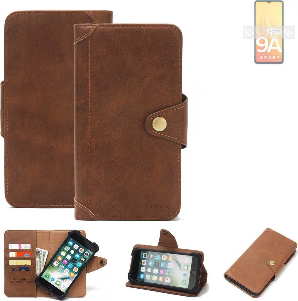 K-S-Trade Handyhülle für Xiaomi Redmi 9A Sport Schutz Hülle Walletcase Bookstyle Tasche Case Handytasche Wallet Flipcase Cover PolyurethanBraun ...