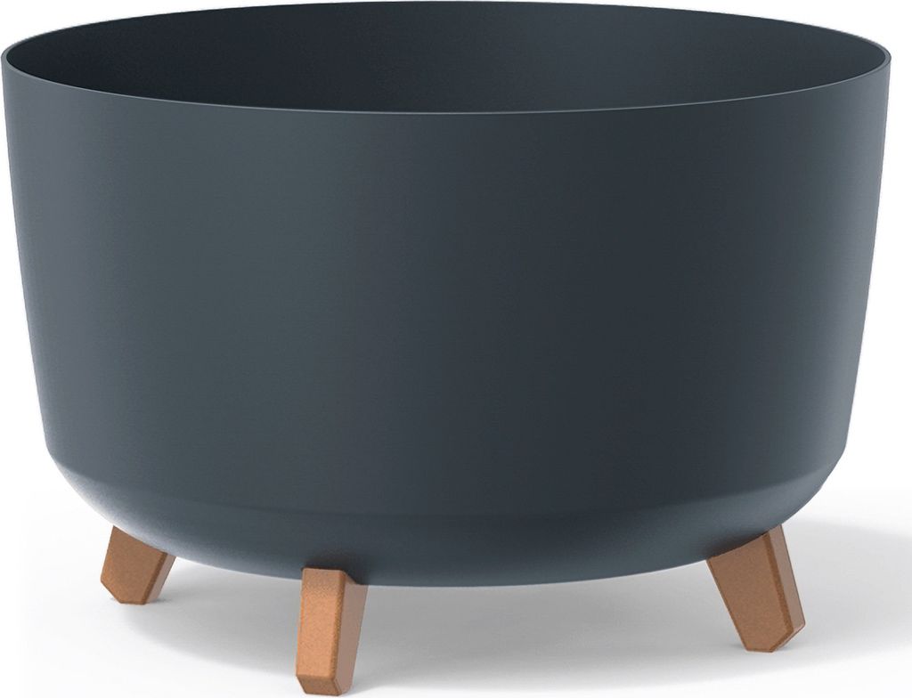 A dark gray planter with three wooden legs, shown against a white background.