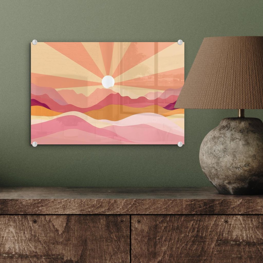 MuchoWow Glasbilder - Bilder auf Wandbild - Foto auf Glas Berge - Abstrakt - Sonnenstrahlen - Rosa 30x20 cm Wanddekoration aus Glas - Acrylglasbild...